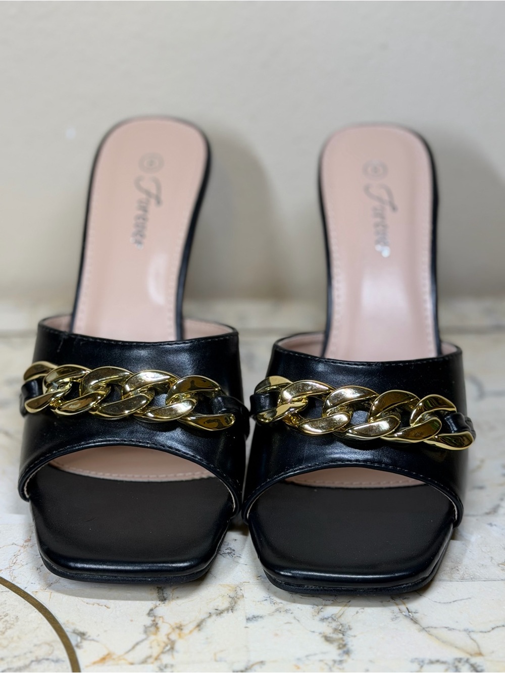 Faux Leather Black Slide Sandals with Gold Chain Accent